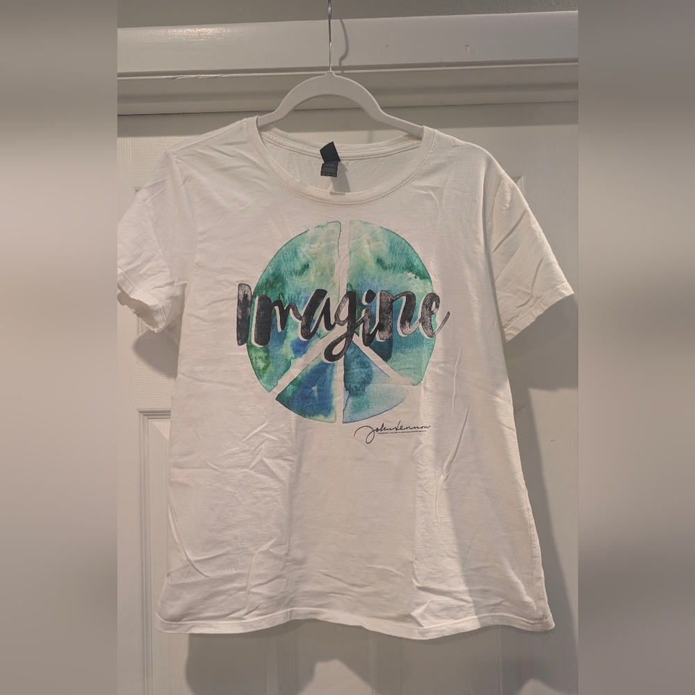 White Graphic Imagine Tee with Peace Sign